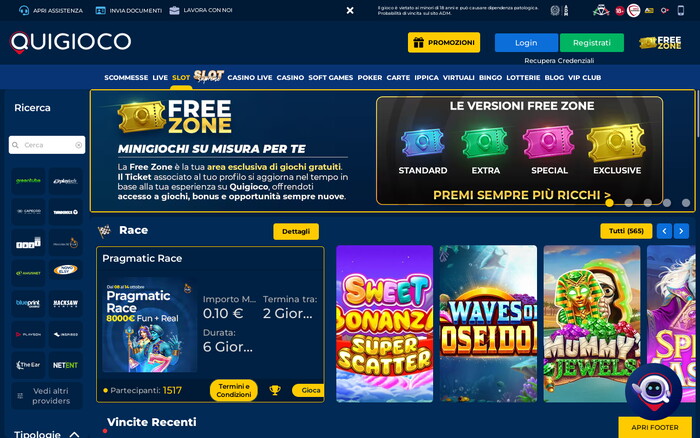 Homepage di Quigioco con banner Free Zone, torneo Pragmatic Race e miniature di slot come Sweet Bonanza e Mummy Jewels.