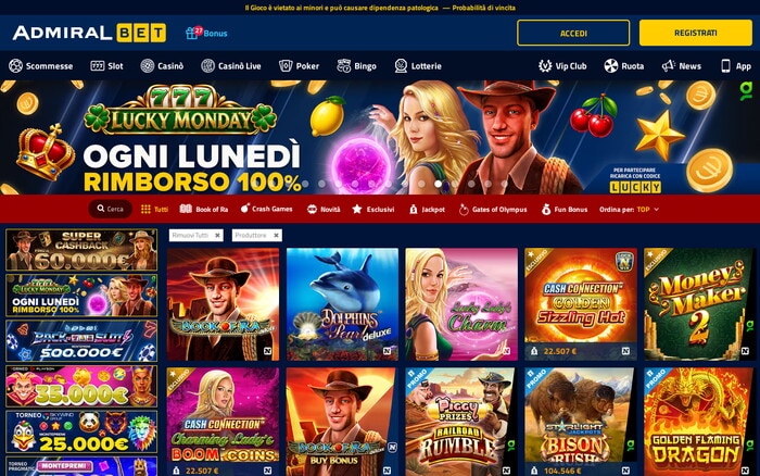 Homepage di AdmiralBet con banner Lucky Monday, menu di navigazione e griglia di slot machine Novomatic come Book of Ra e Dolphins Pearl.