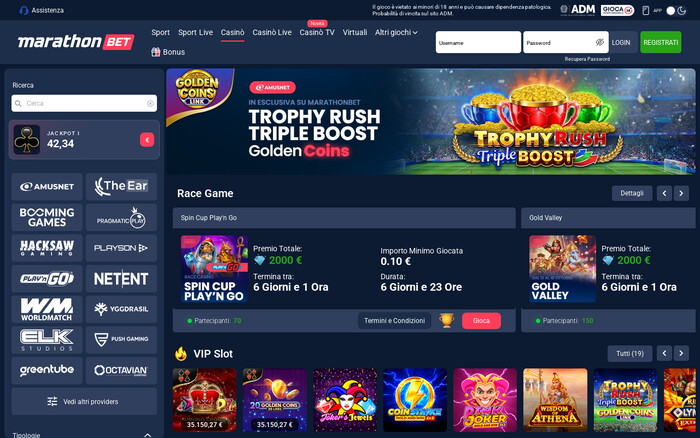 Homepage del casinò MarathonBet con banner Trophy Rush, giochi Race Game, slot VIP e fornitori di software.