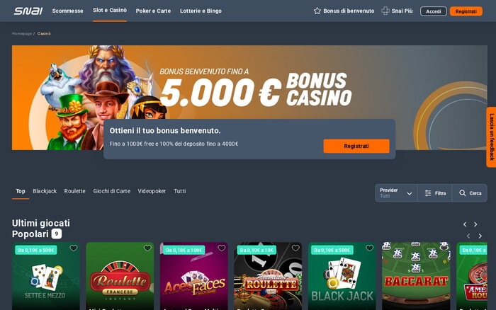 Homepage del casinò online Snai con catalogo giochi e bonus