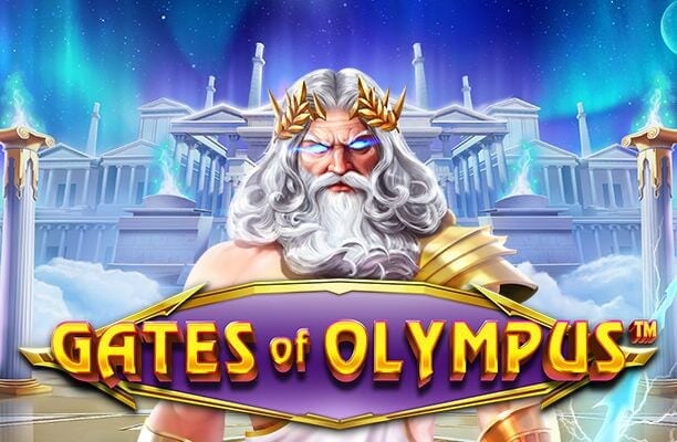 Slot Gates of Olympus di Pragmatic Play con Zeus barbuto, fulmine e tempio sullo sfondo