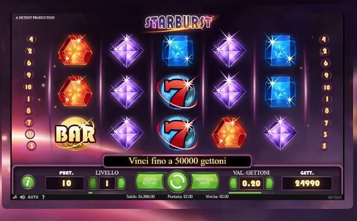 Slot Starburst con gemme, pianeta dorato, 7 rosso e logo NetEnt su sfondo viola cosmico