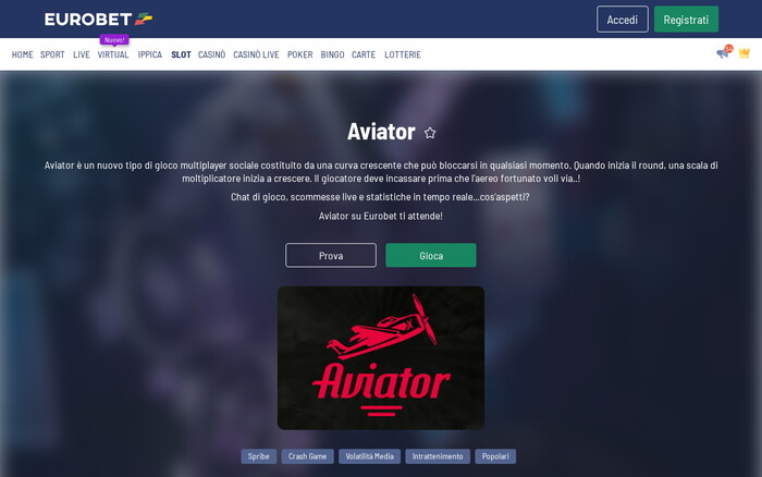 Pagina del gioco Aviator su Eurobet con descrizione, pulsanti Prova e Gioca, logo rosso e tag di categoria.