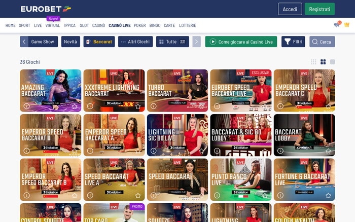 Pagina del casinò live Eurobet con filtro Baccarat e griglia di tavoli baccarat dal vivo con dealer.