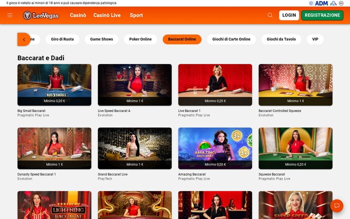 Pagina LeoVegas con tavoli di baccarat online dal vivo e giochi di baccarat di diversi provider.