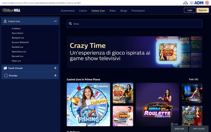 Pagina Casinò Live di William Hill con banner Crazy Time, menu laterale e griglia di giochi live con dealer.