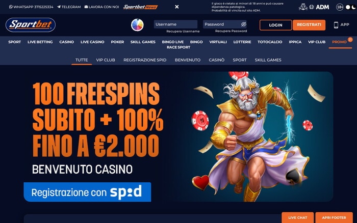 Pagina promozioni di Sportbet con banner benvenuto casinò: 100 free spin e bonus 100% fino a 2.000 euro.