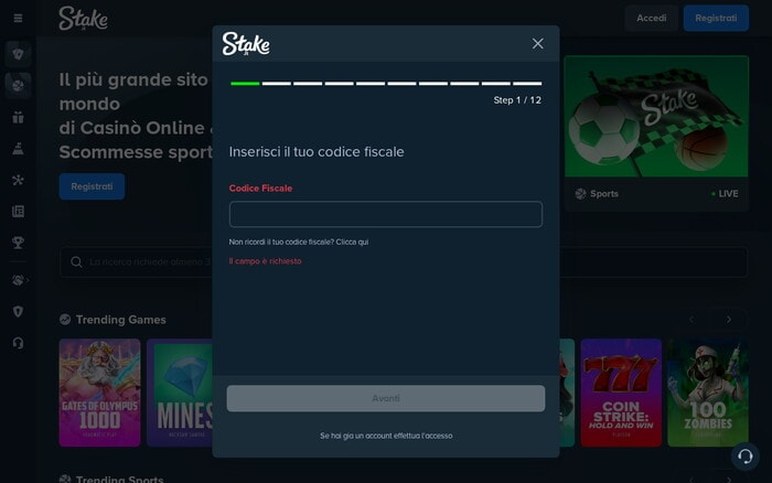 Registrazione Stake con campo codice fiscale sopra la homepage del casinò online