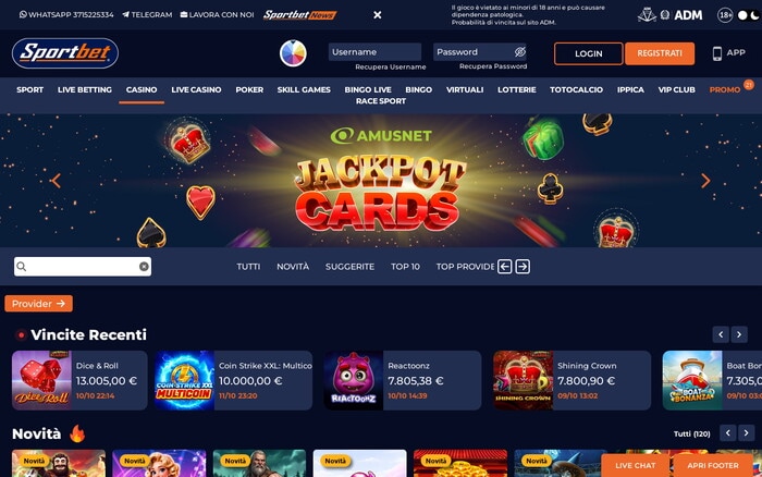 Homepage del casinò Sportbet con banner Jackpot Cards, vincite recenti e giochi nuovi con grafiche caricate.