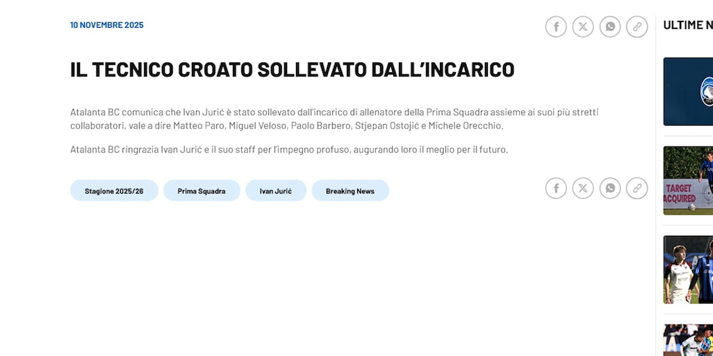 Ufficiale: l'Atalanta ha esonerato Juric