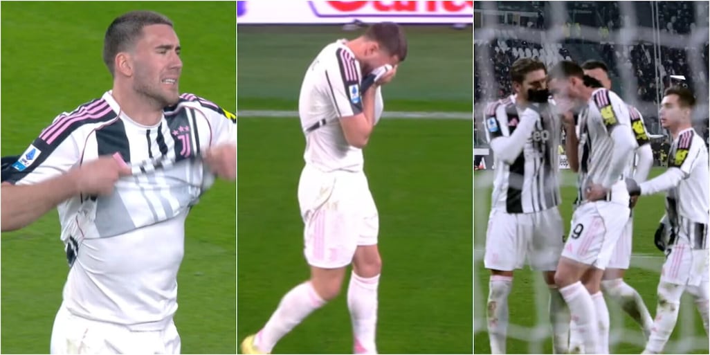 Vlahovic in lacrime per l'infortunio in Juve-Cagliari: i compagni lo consolano, fotosequenza