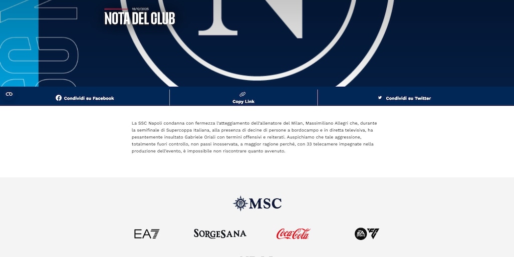 Napoli, comunicato durissimo contro Allegri: "Aggressione fuori controllo a Oriali"