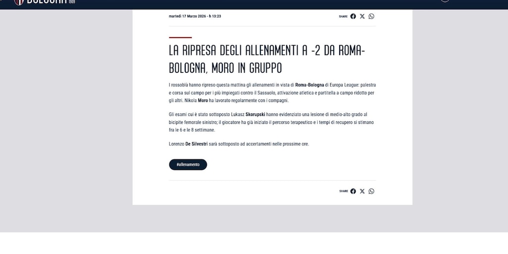 Bologna, brutte notizie: Skorupski out