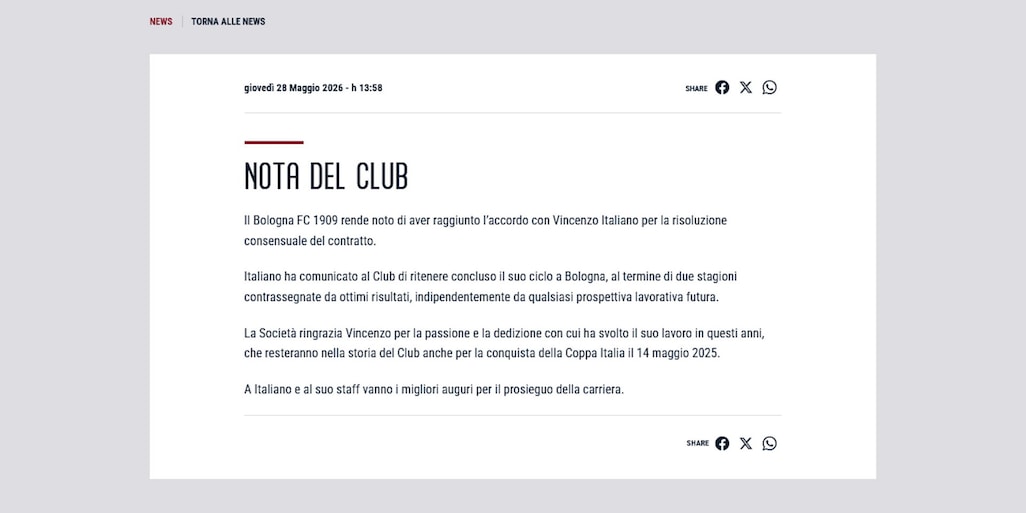 Ufficiale: Bologna-Italiano, è addio