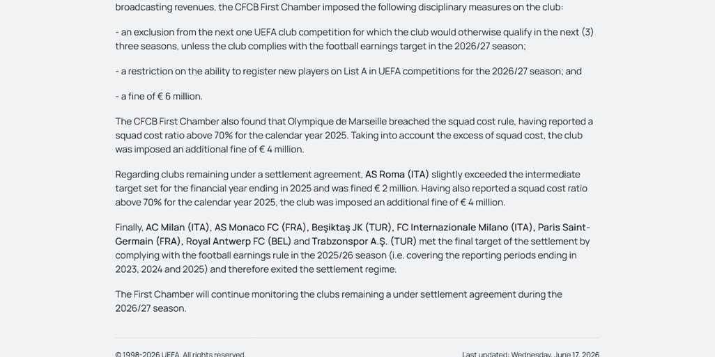 Roma multata dalla Uefa, superati due parametri del Settlement Agreement