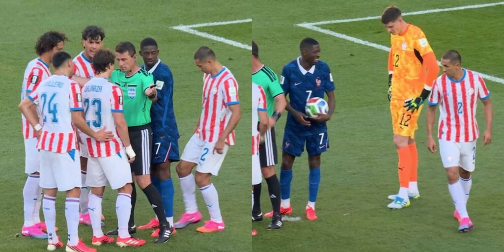 Velazquez prova a fare la buca sul dischetto, ma Dembélé se n'accorge e ride...