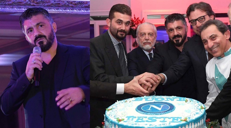 Napoli, Gattuso fa il discorso e taglia la torta con De Laurentiis