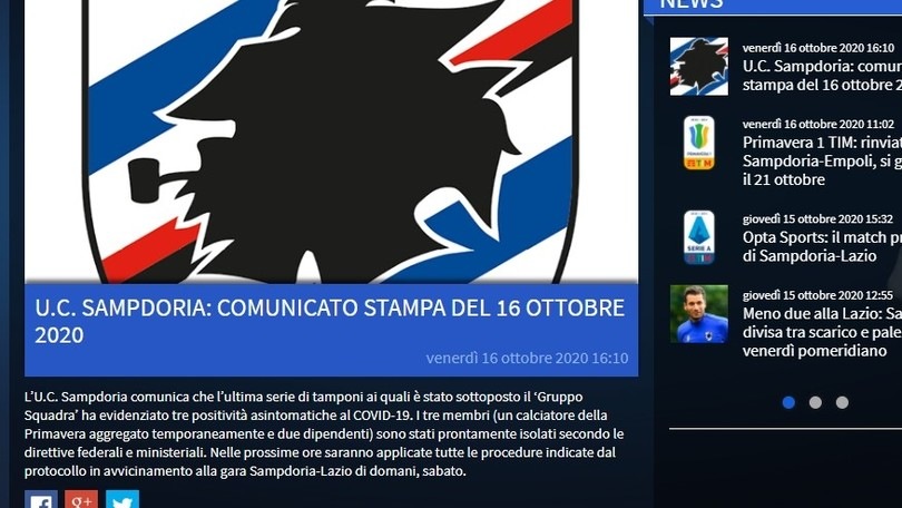 Sampdoria, tre positivi al covid nel gruppo squadra