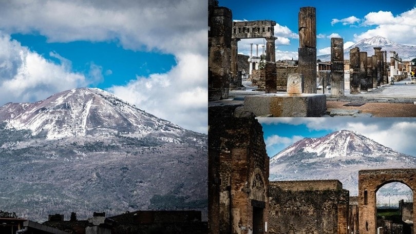 Il Vesuvio innevato visto da Pompei: le suggestive immagini