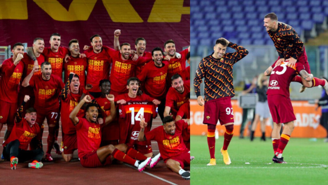 Roma, festa in campo dopo la vittoria nel derby