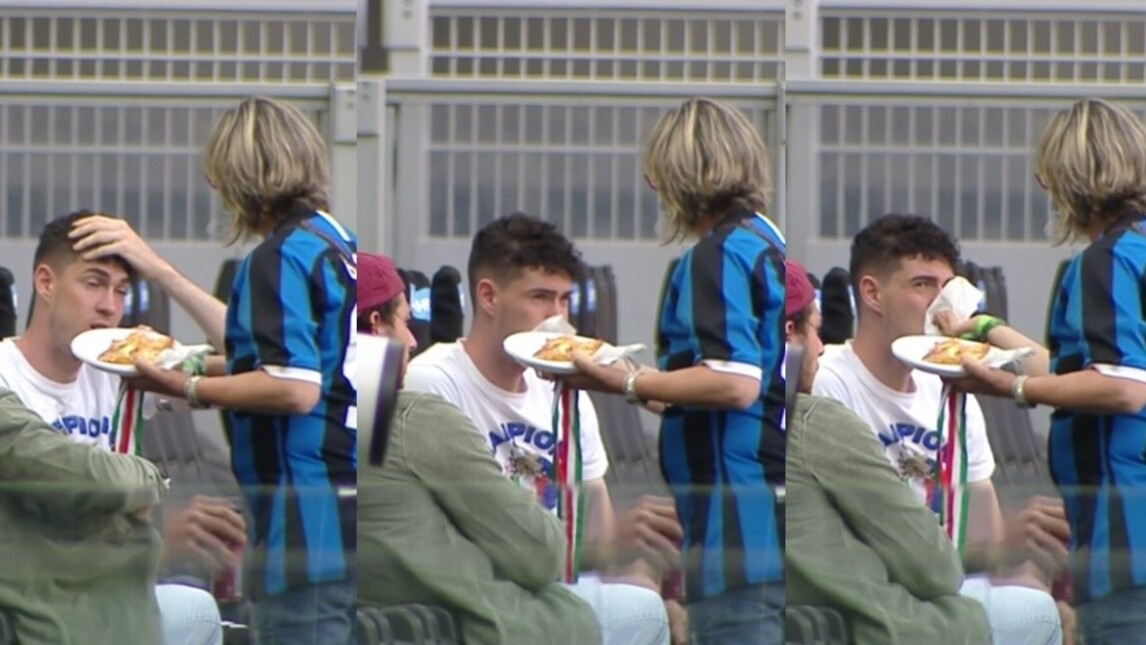 Bastoni mangia la pizza, la mamma gli pulisce la bocca