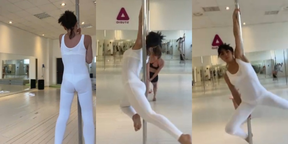 Ambra, lezione di pole dance con un look total white