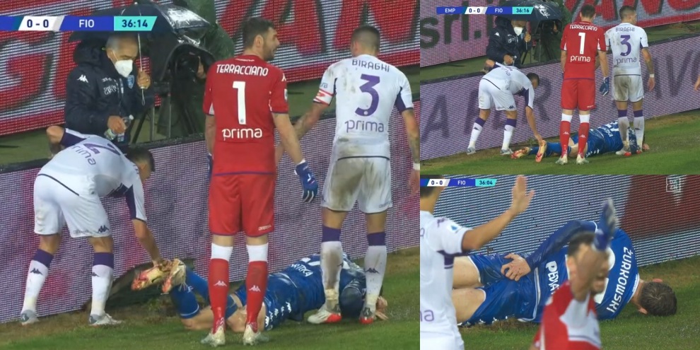 Empoli-Fiorentina, Zurkowski scivola su un tombino aperto a bordo campo e si fa male