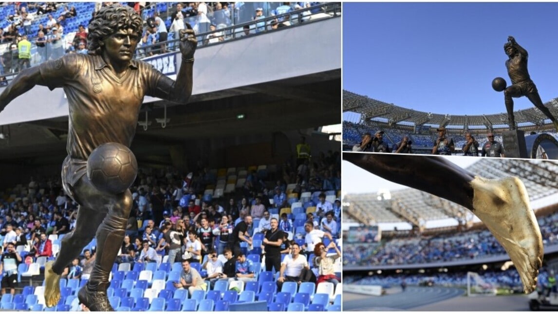 Maradona, festa allo stadio a Napoli: il sinistro della statua è d'oro