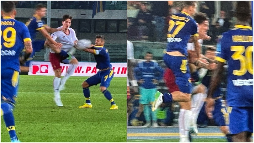 Il fallo di Dawidowicz su Zaniolo in Verona-Roma: è rosso dopo un consulto con il Var