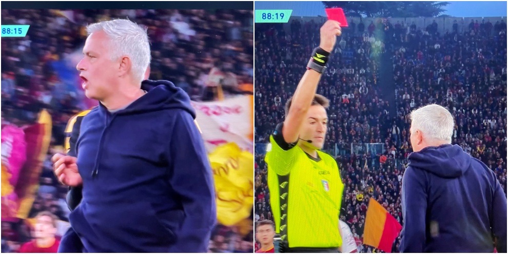 Mourinho furioso a bordo campo: urla all'arbitro e viene espulso