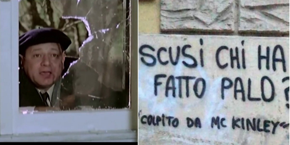“Scusi, chi ha fatto palo?”. Scritta sotto la finestra del film di Fantozzi