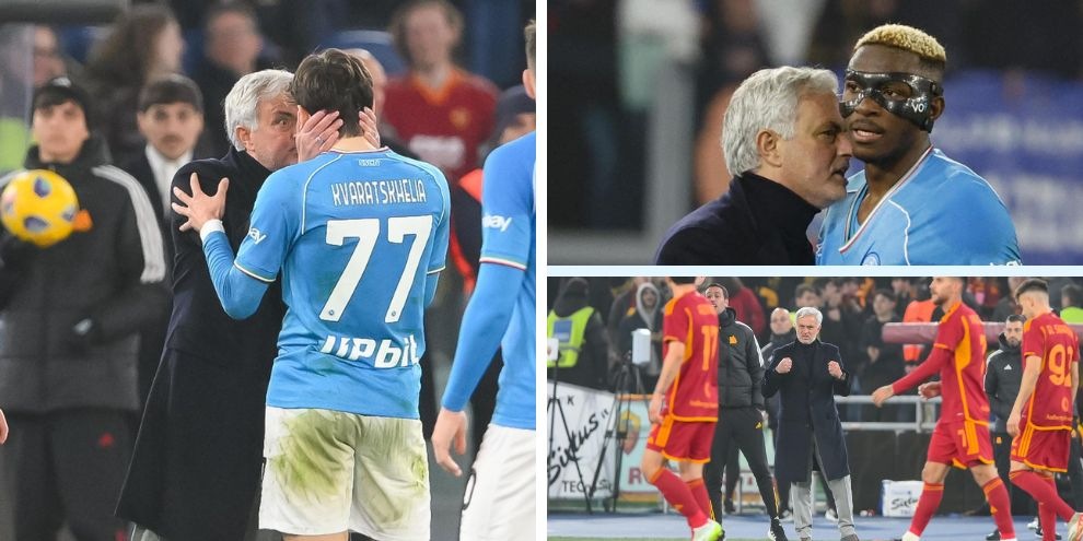 Dal faccia al faccia con Kvara ai pugni alzati: lo show di Mourinho in Roma-Napoli