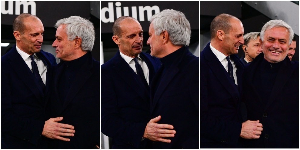 Mourinho e Allegri, abbraccio e dialogo a bordo campo prima di Juve-Roma