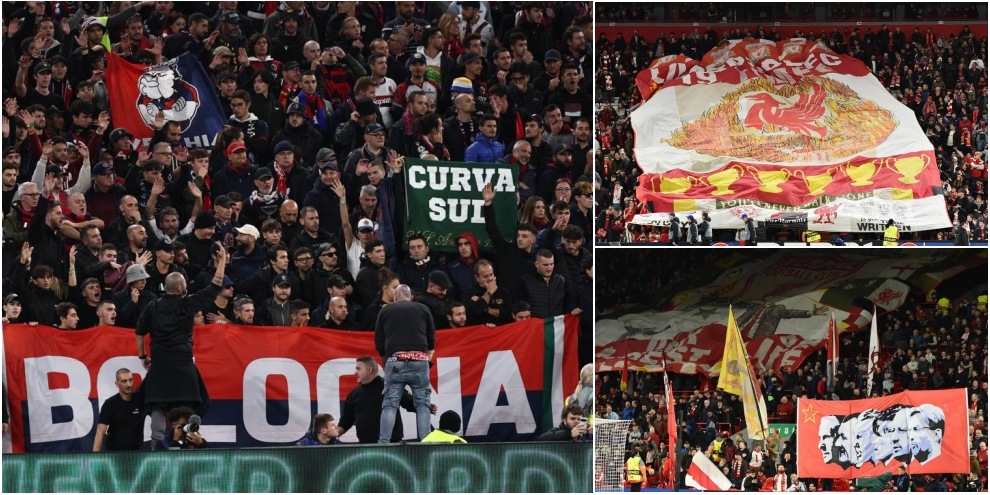 Liverpool-Bologna, coreografie e striscioni da grandi notti di Champions