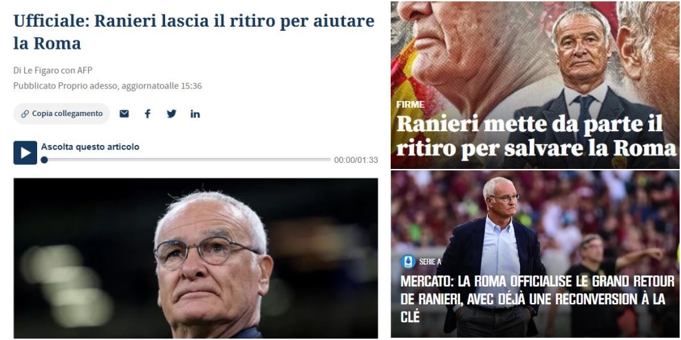 "Ranieri lascia la pensione per salvare la Roma": le prime pagine dei siti esteri