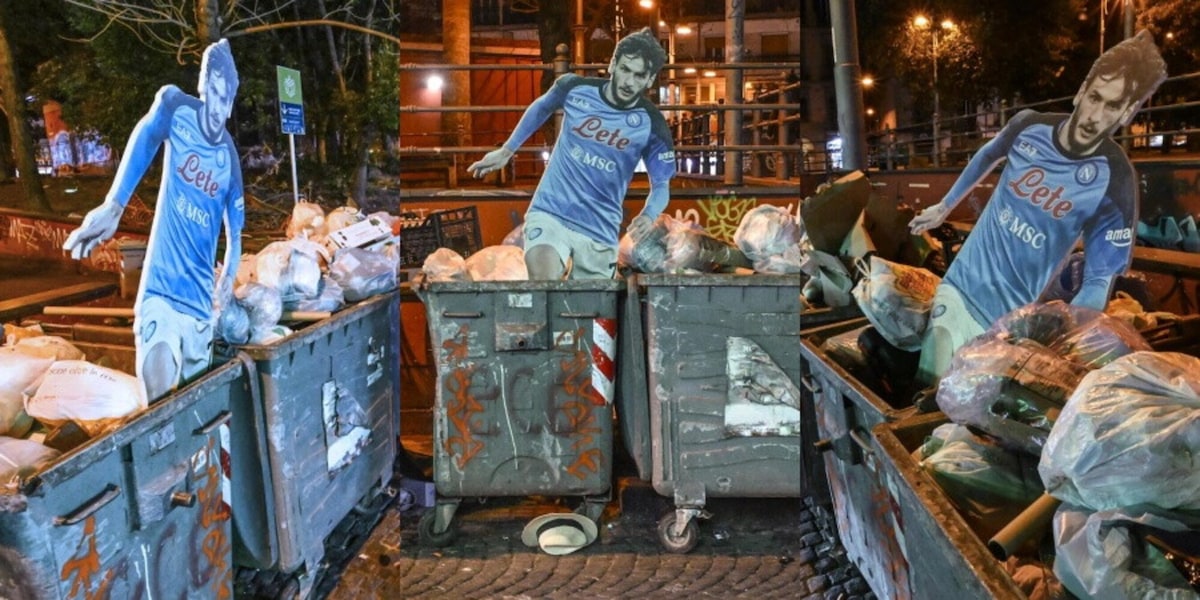Kvara al Psg: i tifosi del Napoli gettano il cartonato nell'immondizia