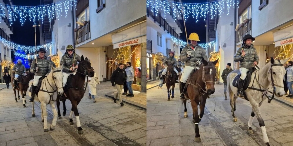 Italia Polo Challenge 2025, lo spettacolo sulla neve di Courmayeur inizia con la sfilata di cavalli e cavalieri
