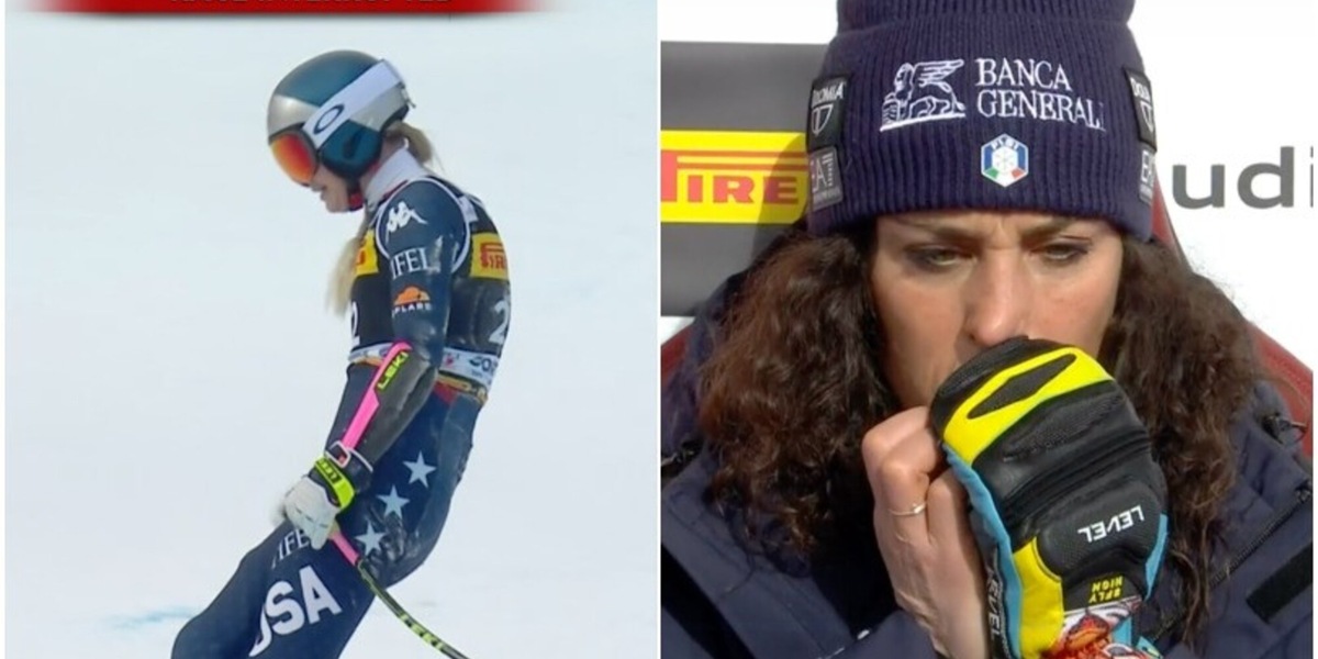 Brignone e la reazione di paura quando Lindsey Vonn cade a Cortina: la ripresa della tv a bordo pista