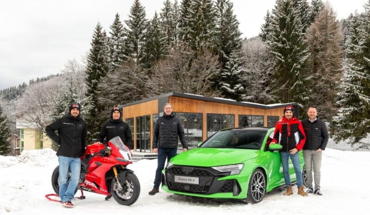 Audi RS 3 in anteprima italiana a Madonna di Campiglio durante la presentazione del team ufficiale Ducati Corse 2025