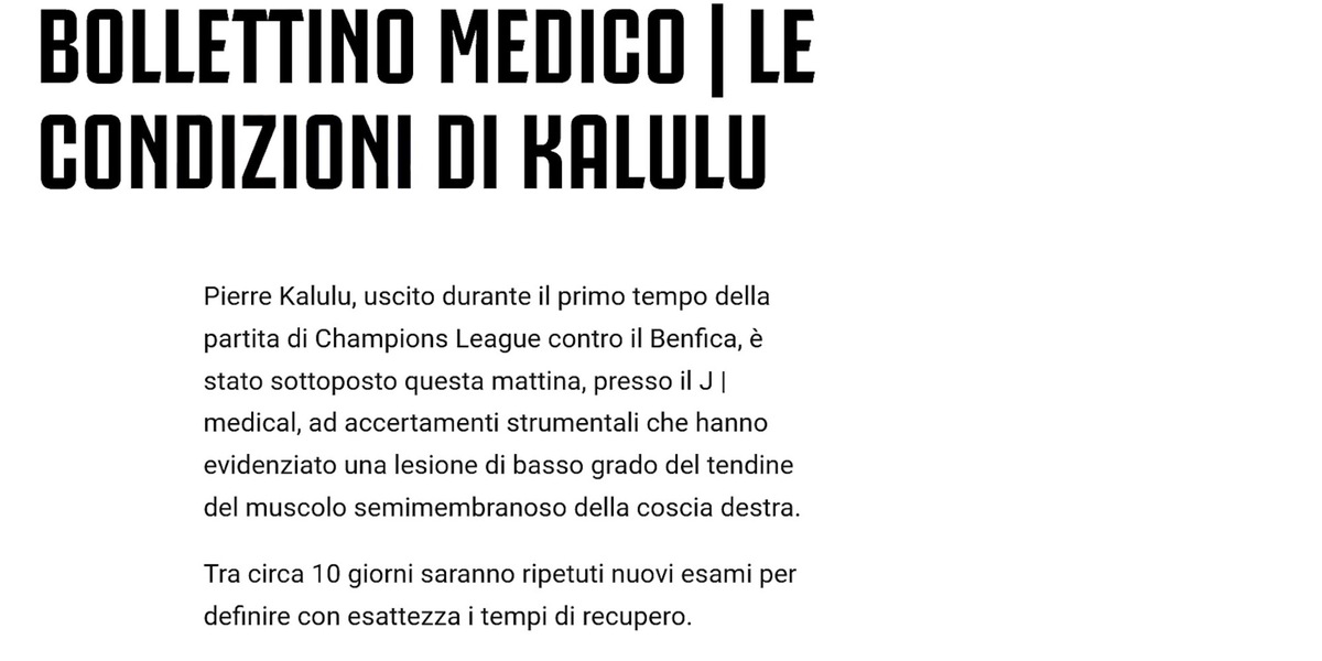 Juventus, Kalulu si ferma: out 20 giorni