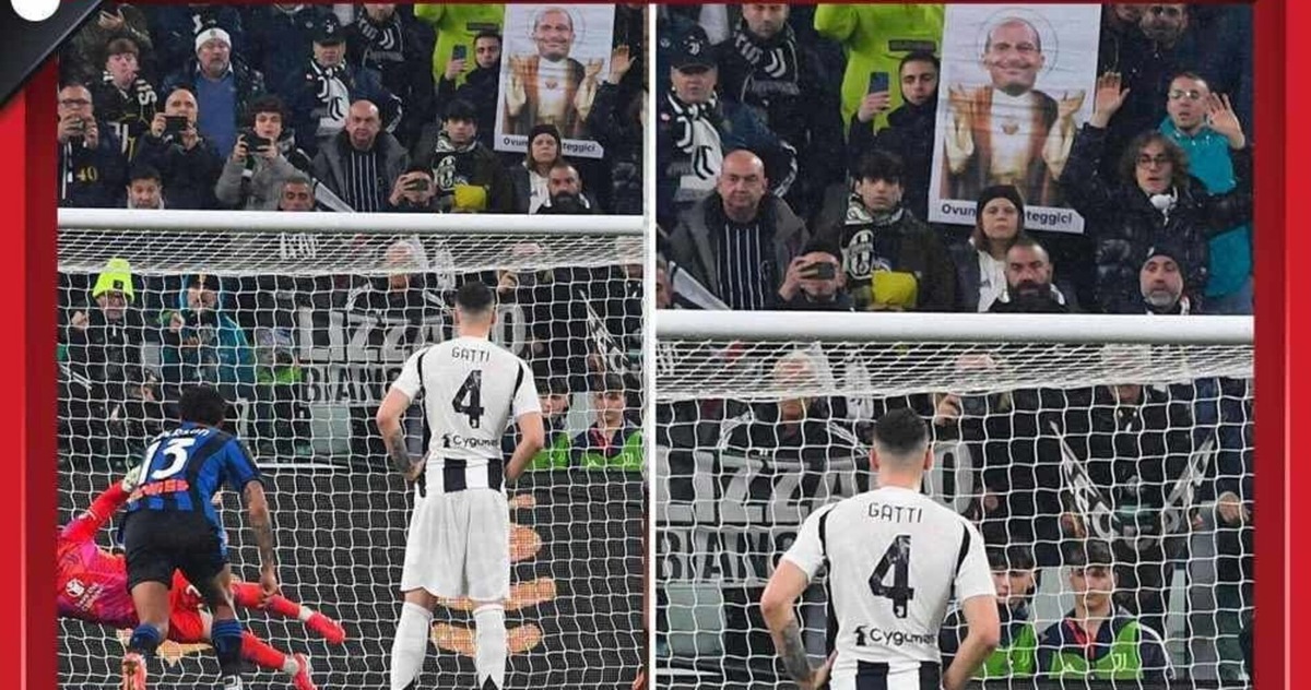 Tracollo Juve, allo Stadium parte il coro per Allegri. E spunta lo striscione sul rigore di Retegui...