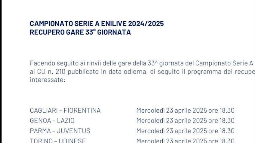 Gare Serie A rinviate per la morte del Papa: i recuperi fissati mercoledì 23 aprile alle 18:30