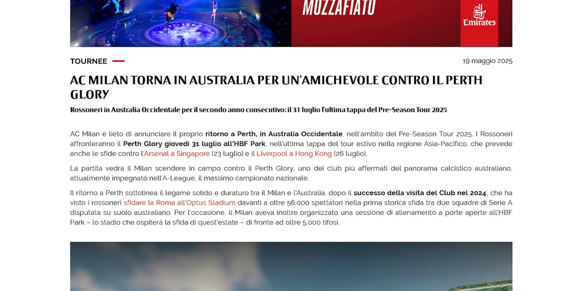 Milan-Perth Glory, amichevole in Australia il 31 luglio
