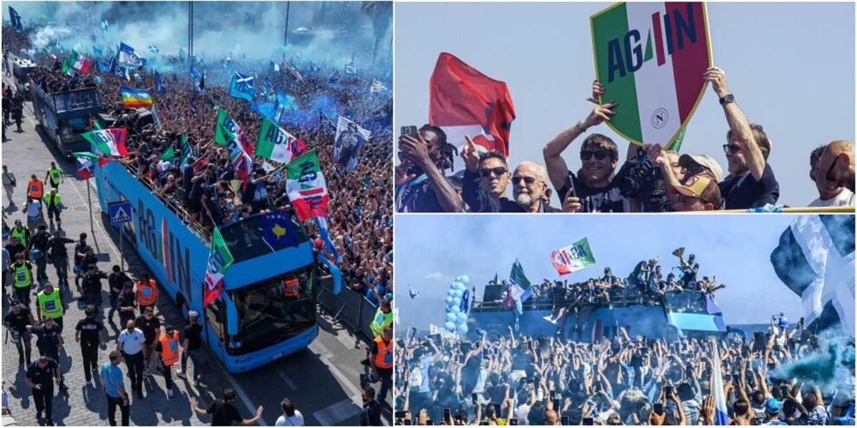 Napoli, parata scudetto su due bus scoperti: bagno di folla sul lungomare, da brividi la festa con Conte