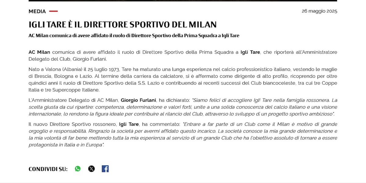 Milan, ufficiale: Tare è il nuovo direttore sportivo