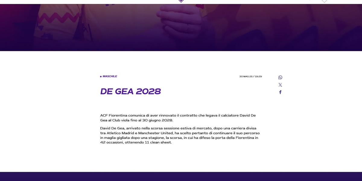Fiorentina, De Gea rinnova fino al 2028