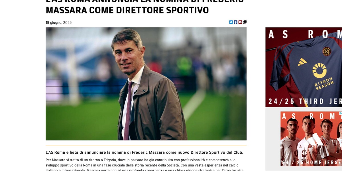 La Roma ufficializza l'arrivo di Massara come ds