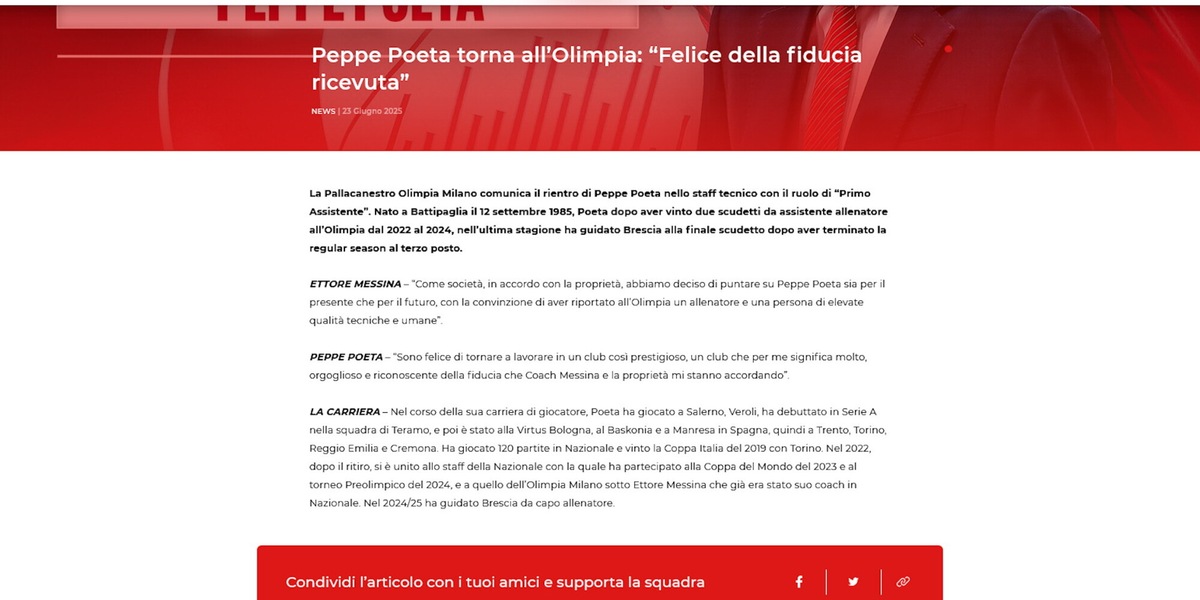 Olimpia Milano, ufficiale il ritorno di Peppe Poeta