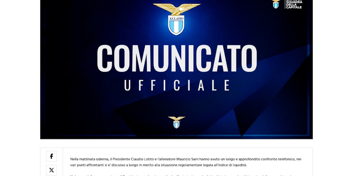 Lazio, ufficiale: "Piena disponibilità di Sarri a continuare dopo il confronto con Lotito"