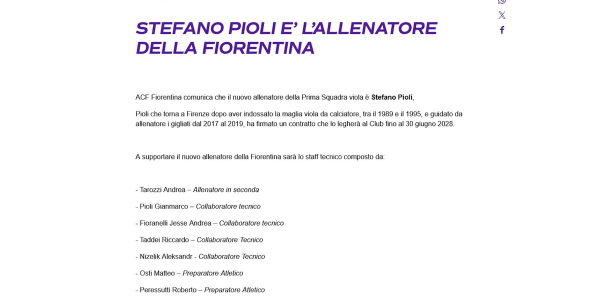 Ufficiale: Pioli allenerà la Fiorentina